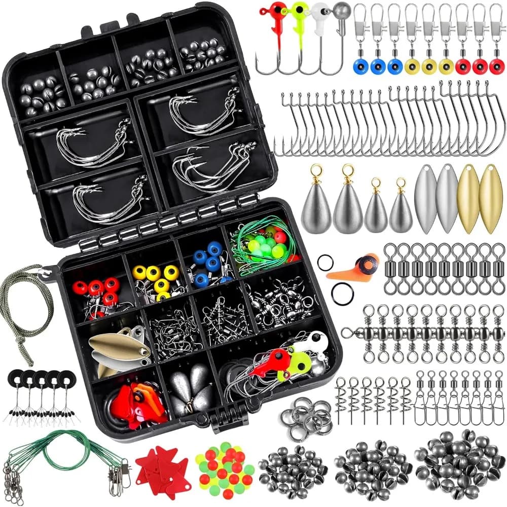 Kit di accessori per la pesca da 187/343 pezzi, scatola per attrezzatura da pesca organizzata con attrezzatura inclusa, ami da pesca, pesi da pesca, piombi,