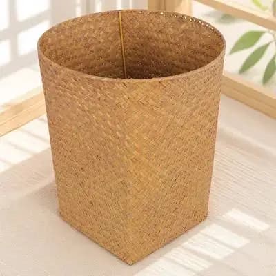 1Pcs Large-Capacity Straw Woven Storage Basket Multi-Purpose Waste Bin Home Office Waste Paper Basket Straw Woven Wastebasket