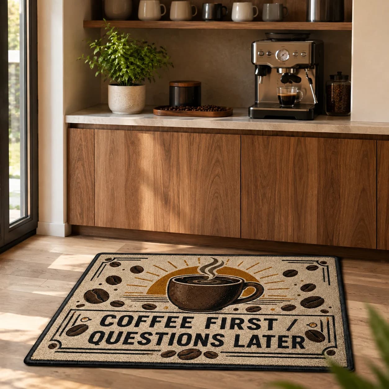 Customized Welcome Mat Funny Coffee First Questions Later Kitchen Rug Entrance Mat for Cafe Bar Home Door Decor Absorbent Mats