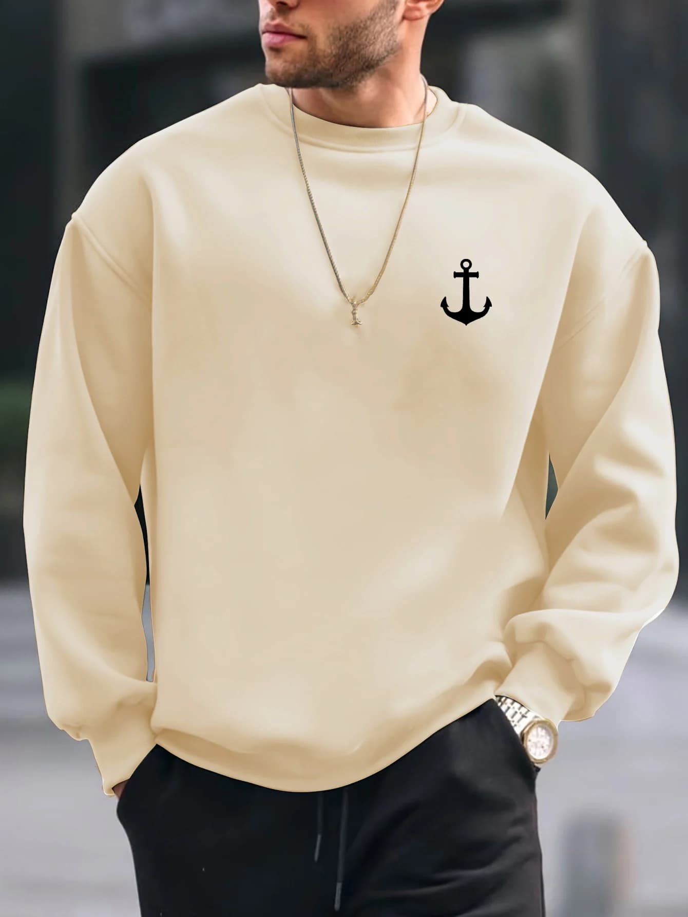 Felpa da uomo autunno e inverno moda casual allentata modello di ancoraggio in barca stampato pullover in pile a maniche lunghe girocollo