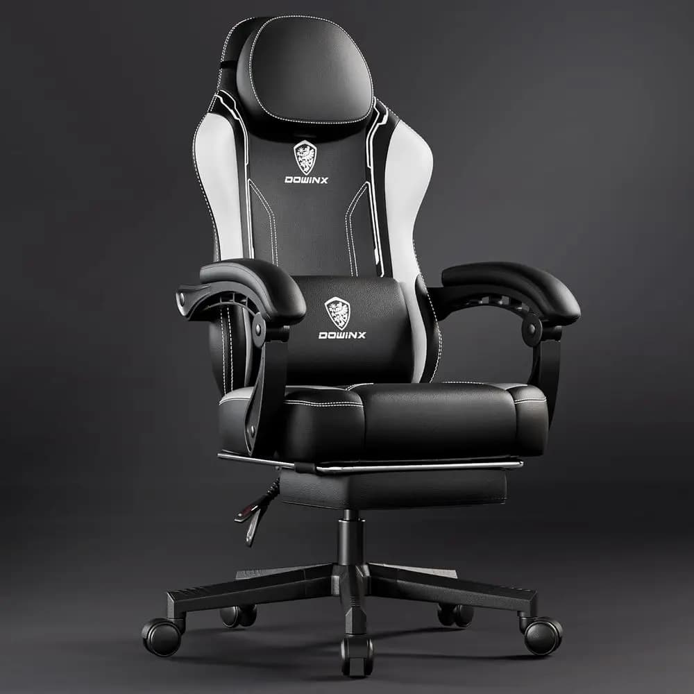 Ergonomic High-Back Leather Gaming Chair with Footrest, Lumbar Massage, for Adults, Supports up to 300 lbs, White