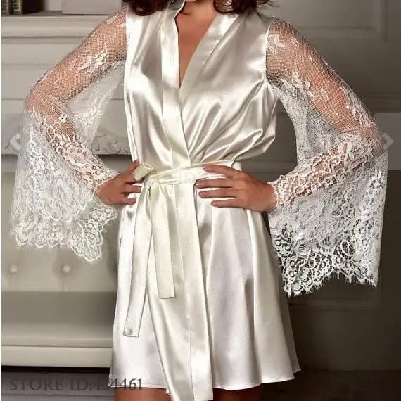 Abito da sposa sexy con maniche in pizzo Abito da sposa in raso di seta bianco Kimono Accappatoio Abito da notte femminile allentato Elegante lingerie per la casa