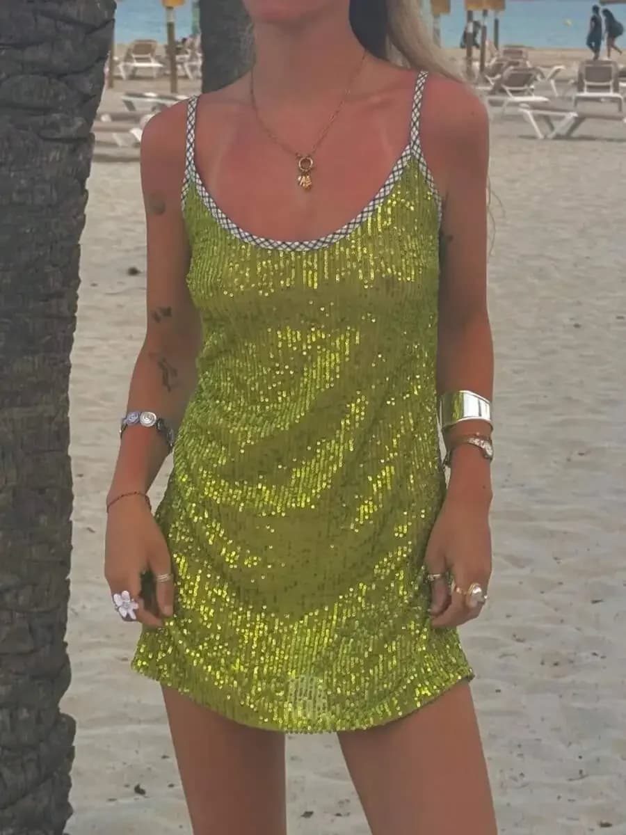 Women Sequin Sparkly Mini Dress Spaghetti Strap Sleeveless Cami Summer Slim Fit Beach Party Dress