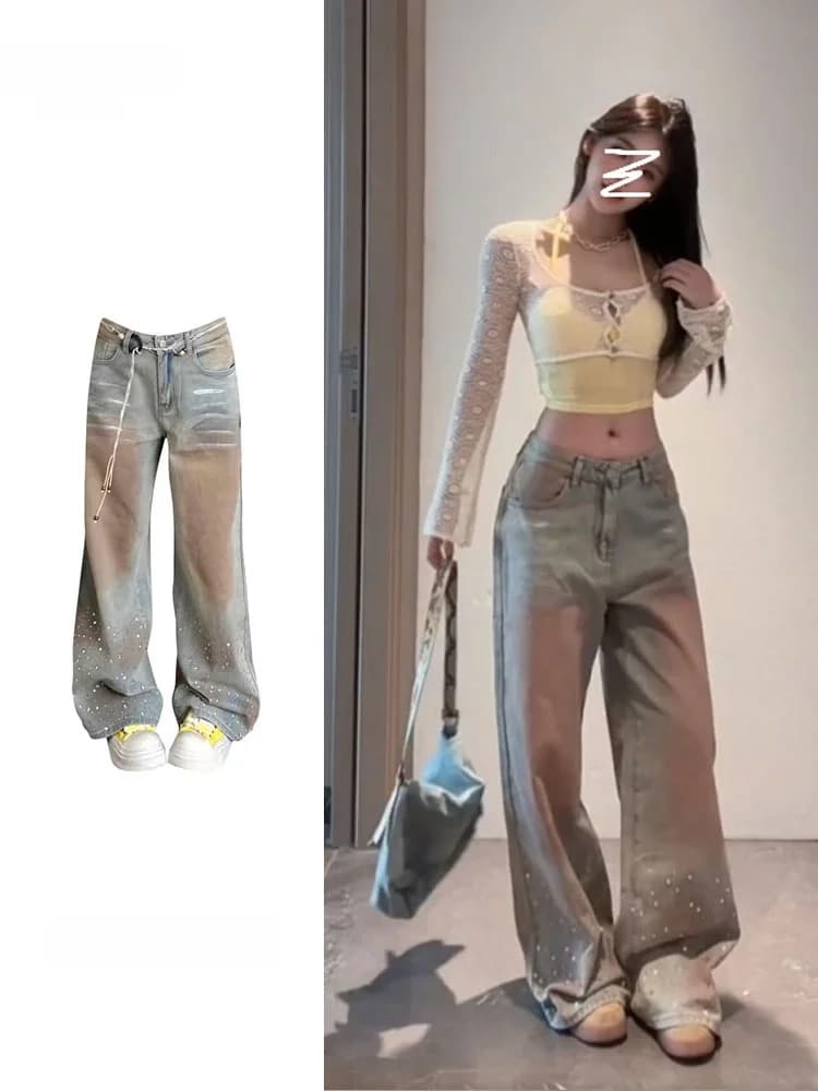 American Retro Tie Dye Denim Jeans Women's Spring Autumn New Design Sensation High Waist Long Pants Glitter Floor Length