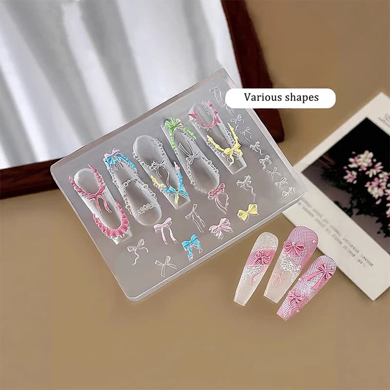 Stampo in silicone 3D a forma di fiocco con catena di perline e nastro per decorazioni unghie fai da te, stampo per nail art e charm per unghie