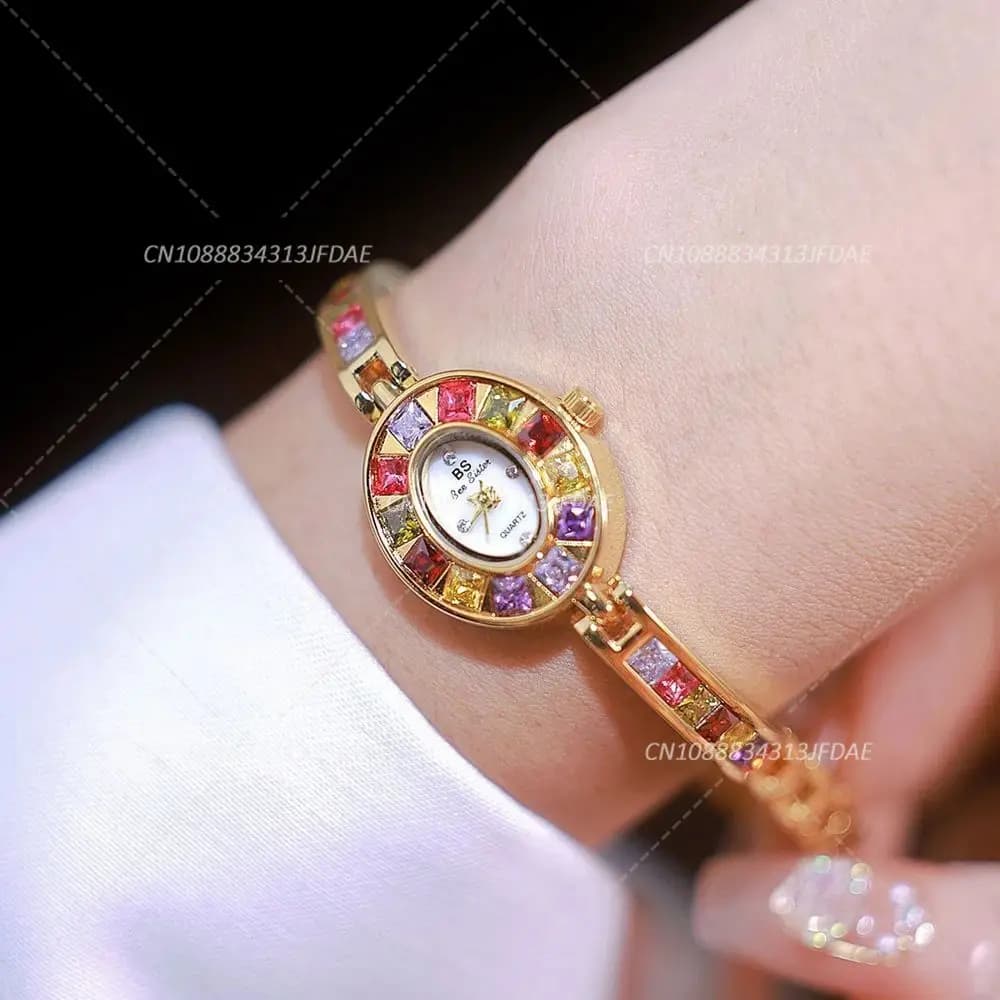 Orologio da Donna con Gemme Colorate Incastonate, Cassa in Lega Raffinata, Quadrante Piccolo di Lusso, Orologio da Polso al Quarzo, Regalo di Gioielleria Trendy