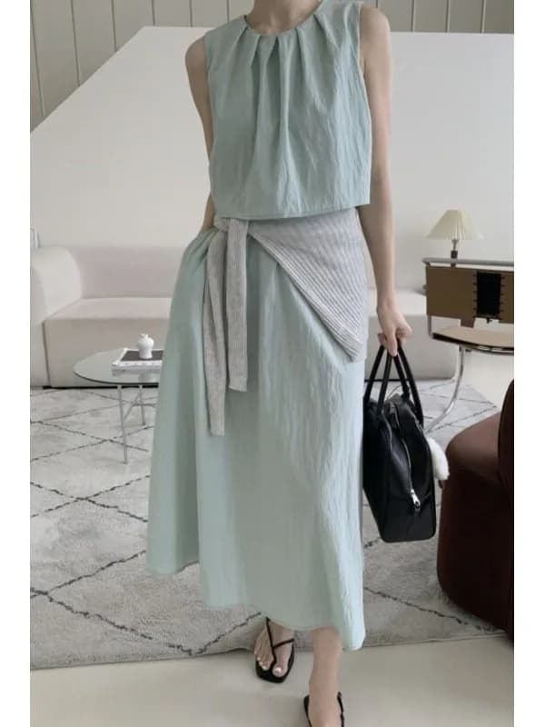 Summer New Design Loose Casual Sleeveless Women's Dress Vest Dress Fake Two-Piece Gored Skirt Korean Style Online Exclusive