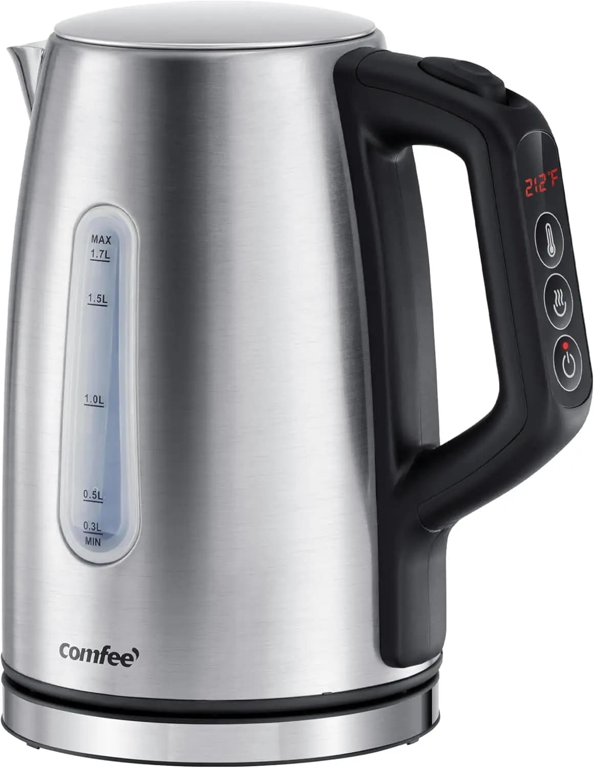1,7 L, 1500 W stainless steel electric kettle, temperature control with 6 presets, keeps warm, automatic shutdown, display window