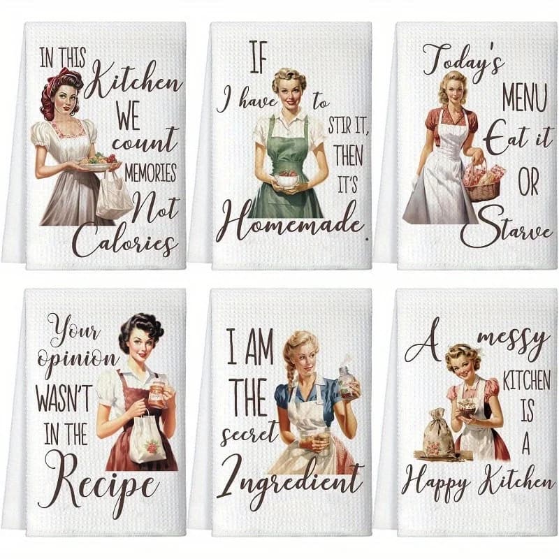 6-Pack Fun Kitchen Towel with Funny Quotes - Absorbent Polyester Tea Towel, Vintage Cartoon Design