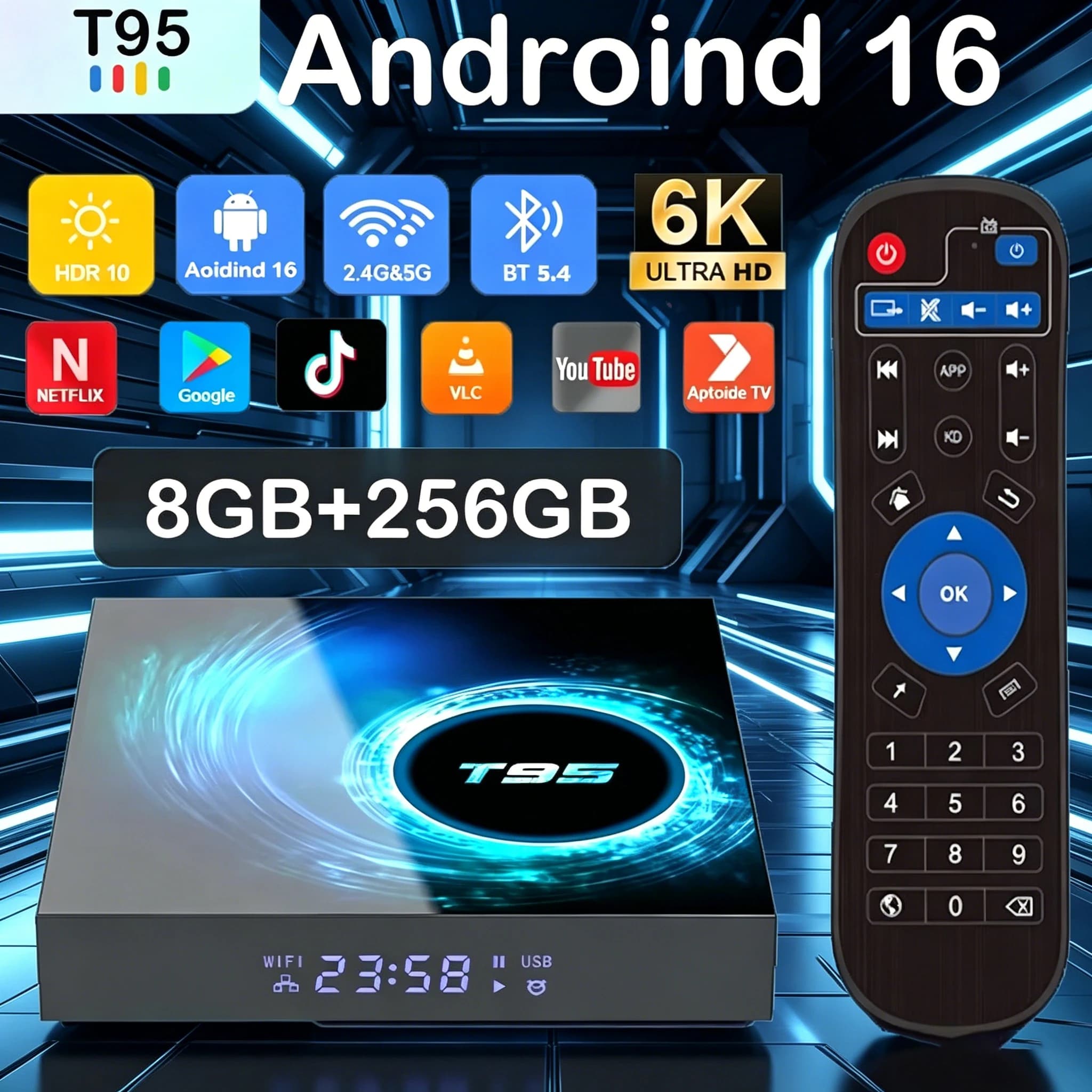 Box TV Android 16 T95 8GB 256GB, Lettore Multimediale Allwinner H616, Netflix, Assistente Google, BT6.0, Wi-Fi 5G, 8K, Set-Top Box Ultra Veloce