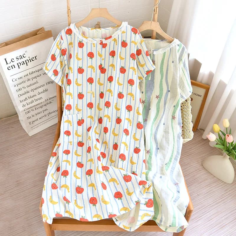 Pajamas Ladies Spring Summer Pure Cotton Gauze Short-sleeved Sweet Nightdress Loose Thin Round Neck Home Skirt