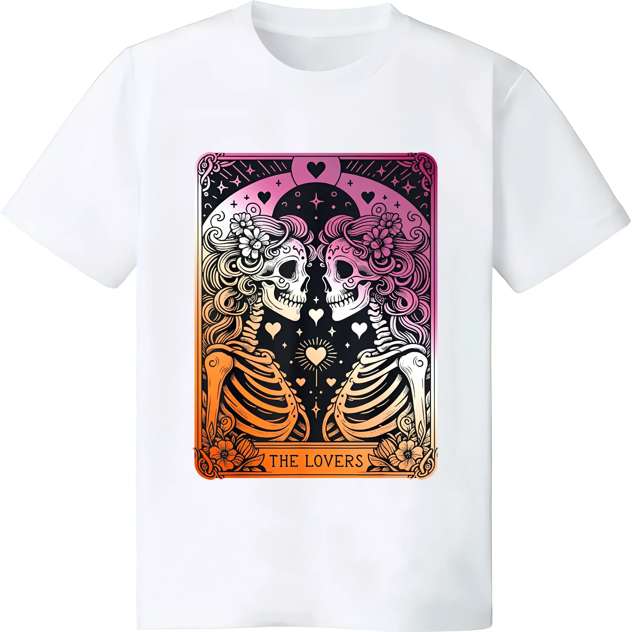 T-shirt scheletro gotico occulto lesbico vintage The Lovers Tarot Card 100% stampa in puro cotone