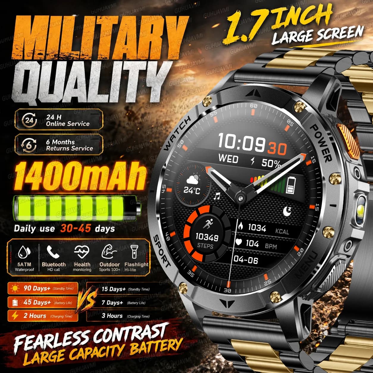 Military Grade Smartwatch 1.7" Large Screen 1400mAh Long Standby 5ATM Waterproof BT Call Outdoor Sports Health Watch For Adult