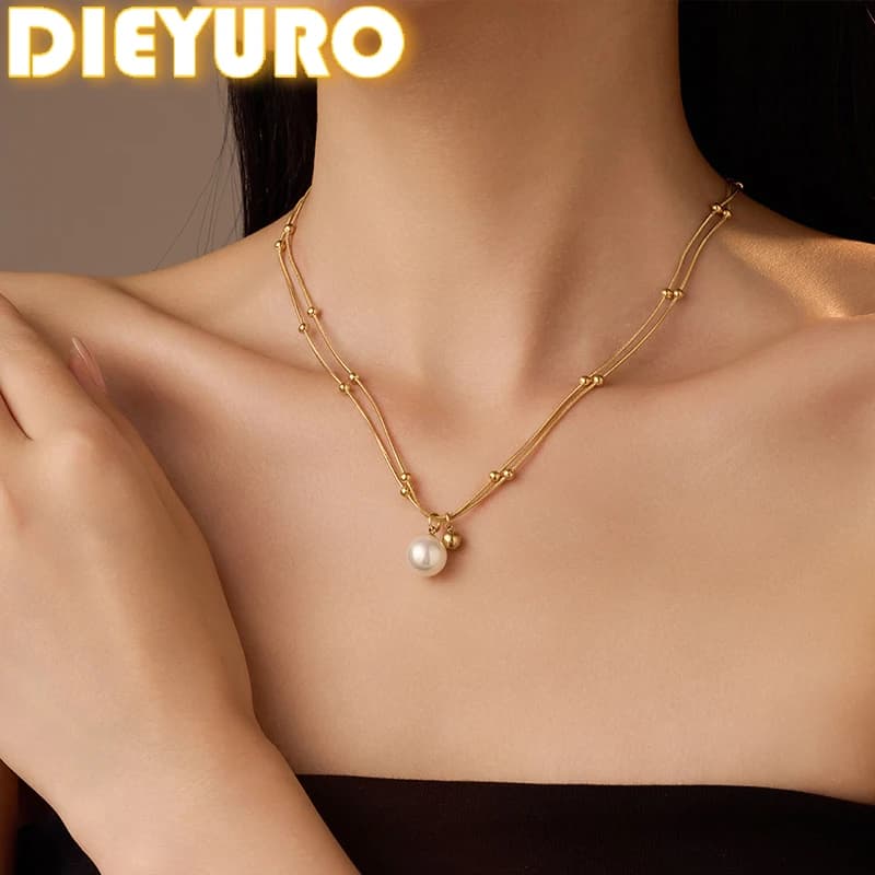 DIEYURO 316L Stainless Steel Golden Beads Imitation Pearls Pendant Double Layer Necklace Lady Trend Classic Neck Chain Jewelry