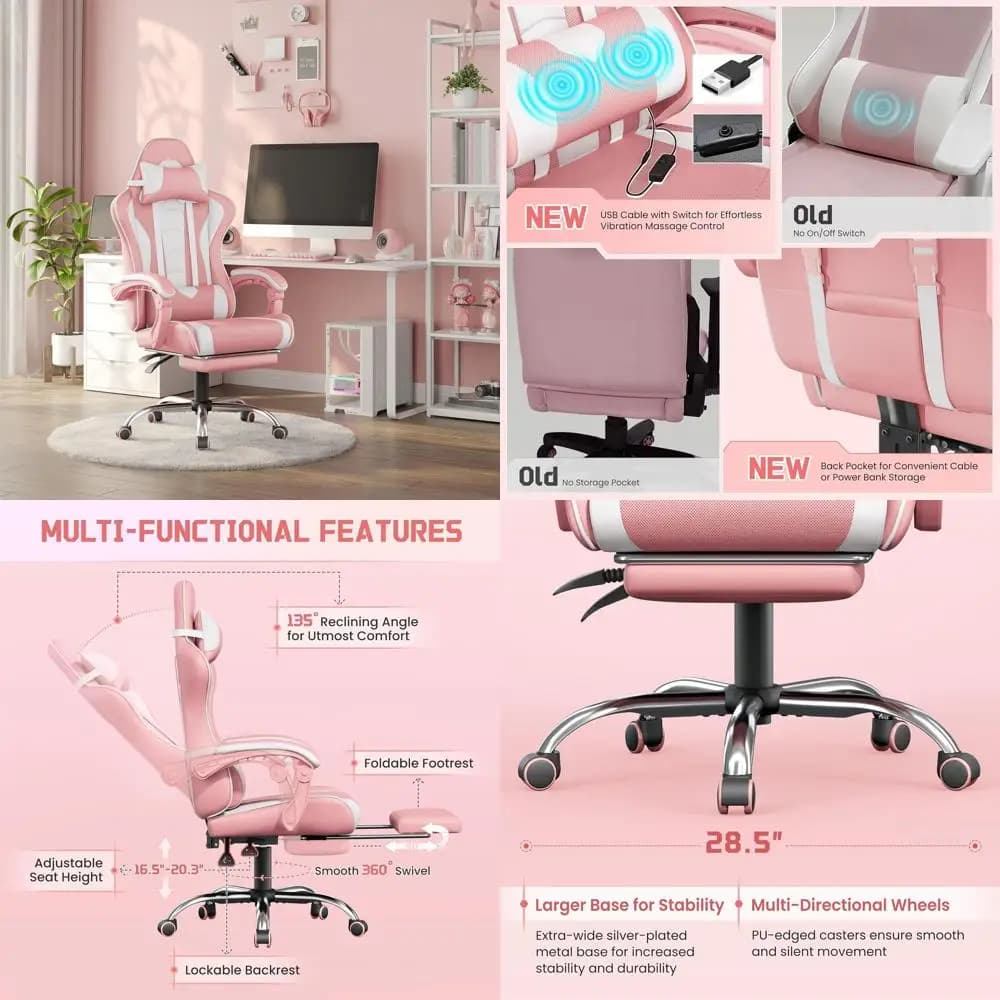 Sedia da Gaming Ergonomica Girevole con Massaggio, Supporto Lombare, Altezza Regolabile, Rosa/Bianco