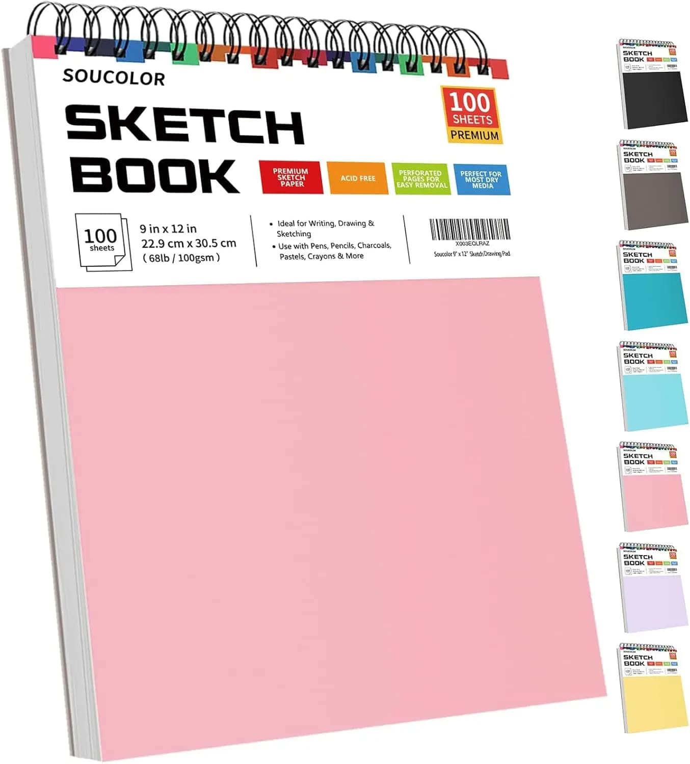 Cute Sketch Book 9x12 for Teen Girls, 100 Sheets Spiral Notebook Drawing Pad, Pastel School Supplies for Artists, Arts and