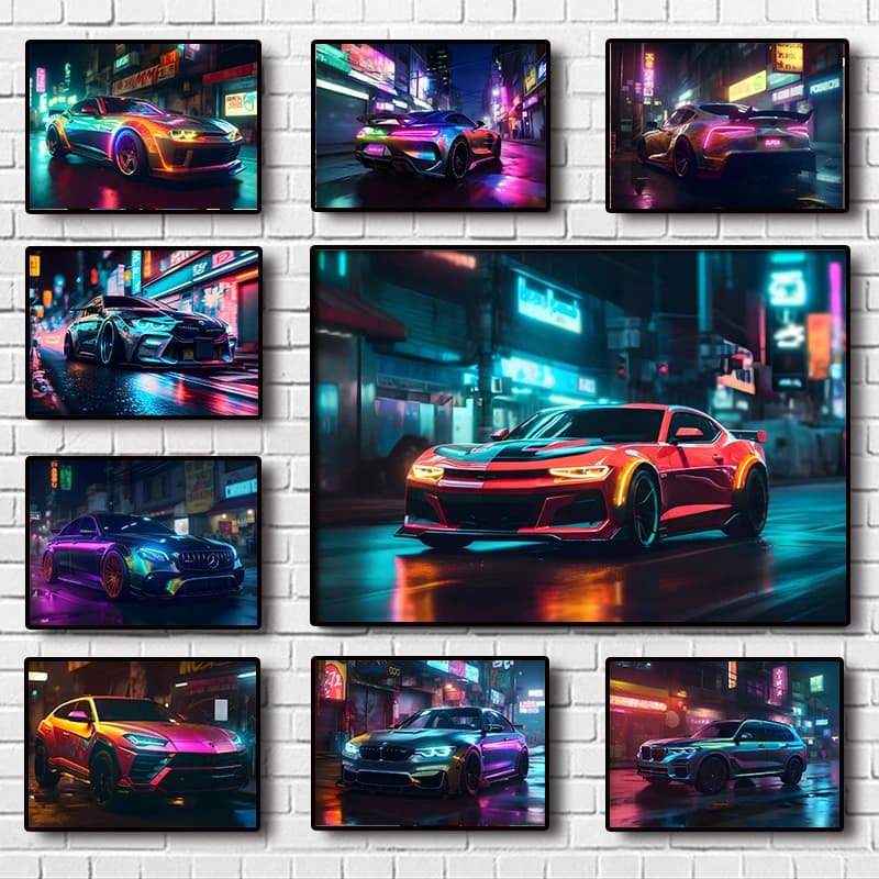 Pop World Famous Car Poster Art Neon colorato Urban Luxury Cars Sport SUV, tela pittura parete casa divano arredamento della camera