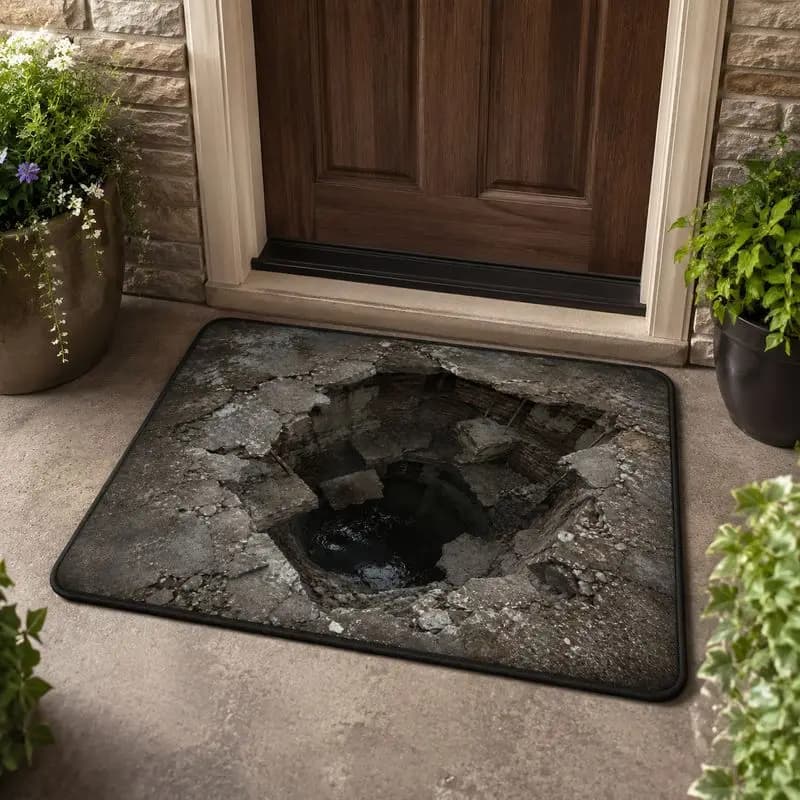 VIKAMA 3D Damaged Ground Cave Waterfall Whirlpool Door Mat Non Slip Entrance Mat for Entryway Hallway Balcony Home Decor