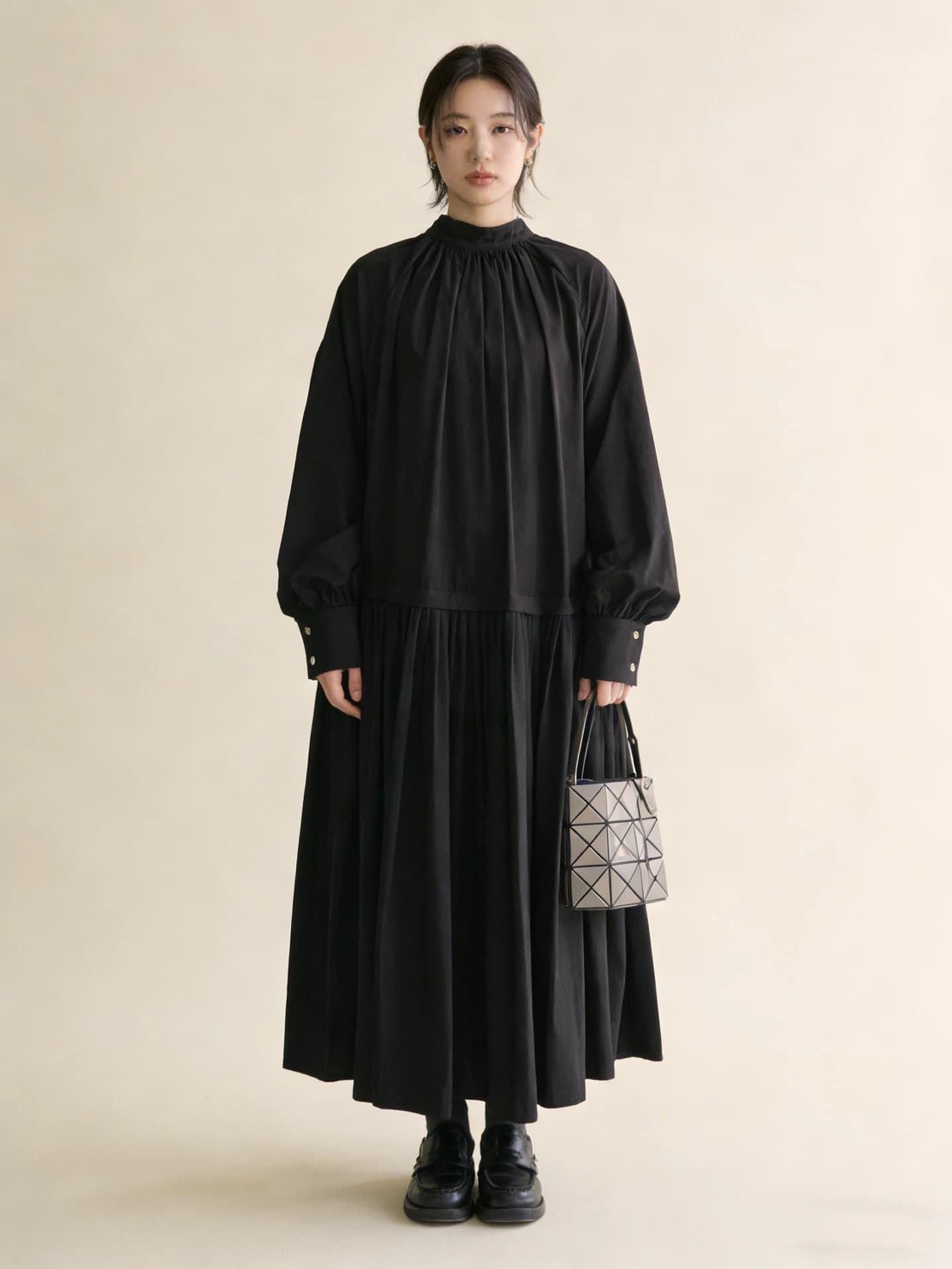 Loose A-Line Long Sleeve Dress Japanese Style Women's Maxi Skirt Design Sensation Black Color City Commute Street Style Casual