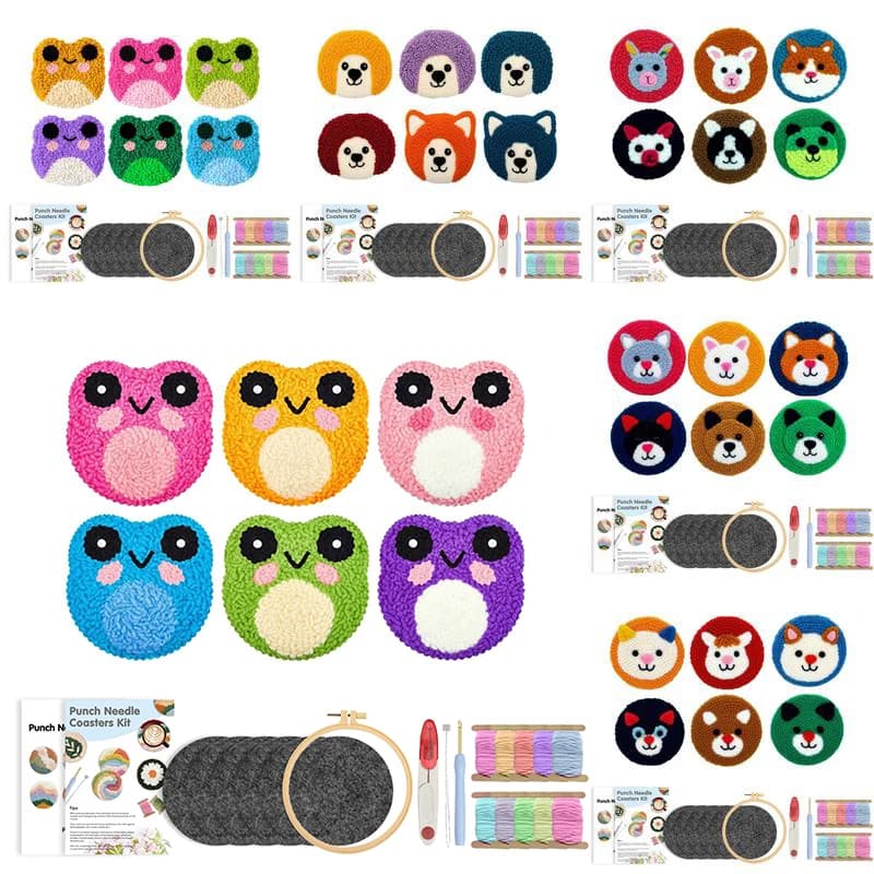 GATYZTORY 6pcs Colorful Animal Punch Needle Embroidery Punch Needle Kit with Coasters Mixed Colors for Beginners Kitchen supplie