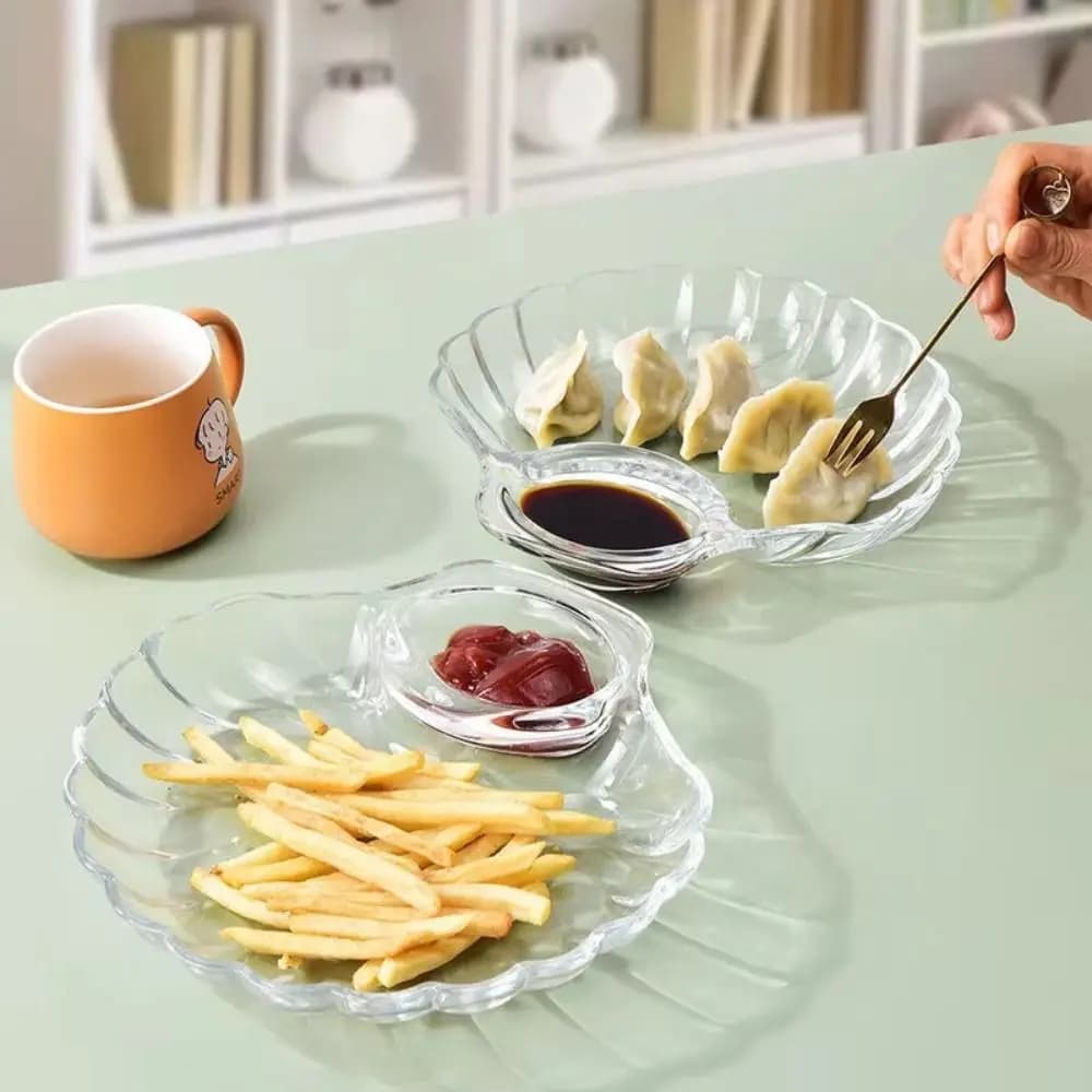 Piatto di conchiglia trasparente alla moda con dischi di aceto Piatto di gnocchi creativo Piatti di snack di frutta secca