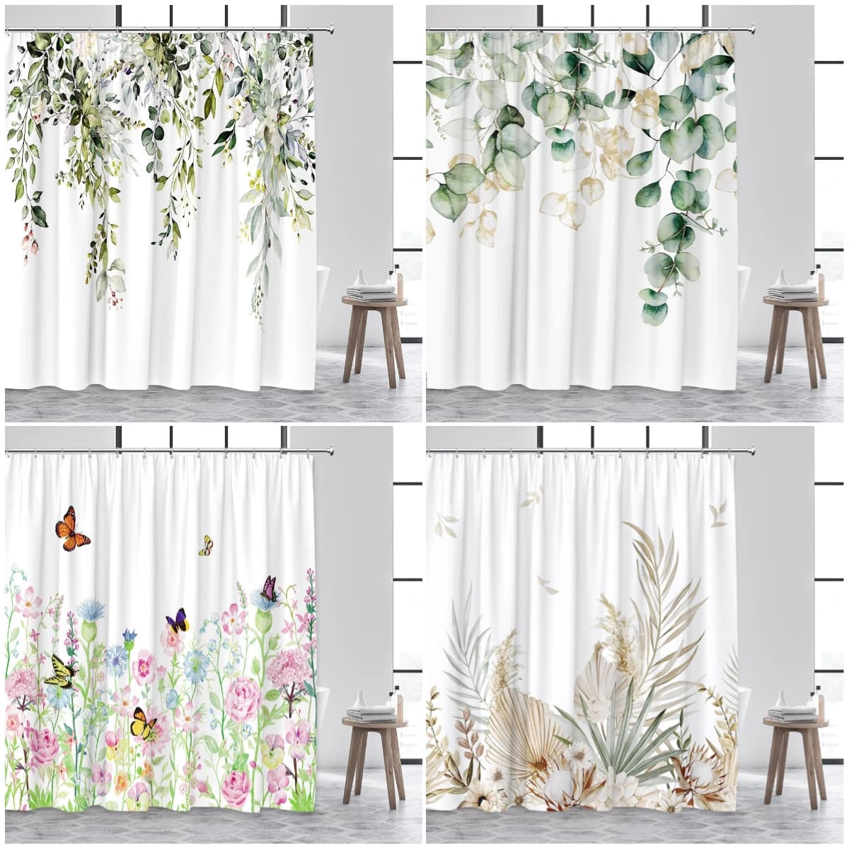 Tenda da doccia con foglie di eucalipto verde, acquerello floreale, farfalla, pianta tropicale, foglia, tessuto in poliestere, decorazione per il bagno
