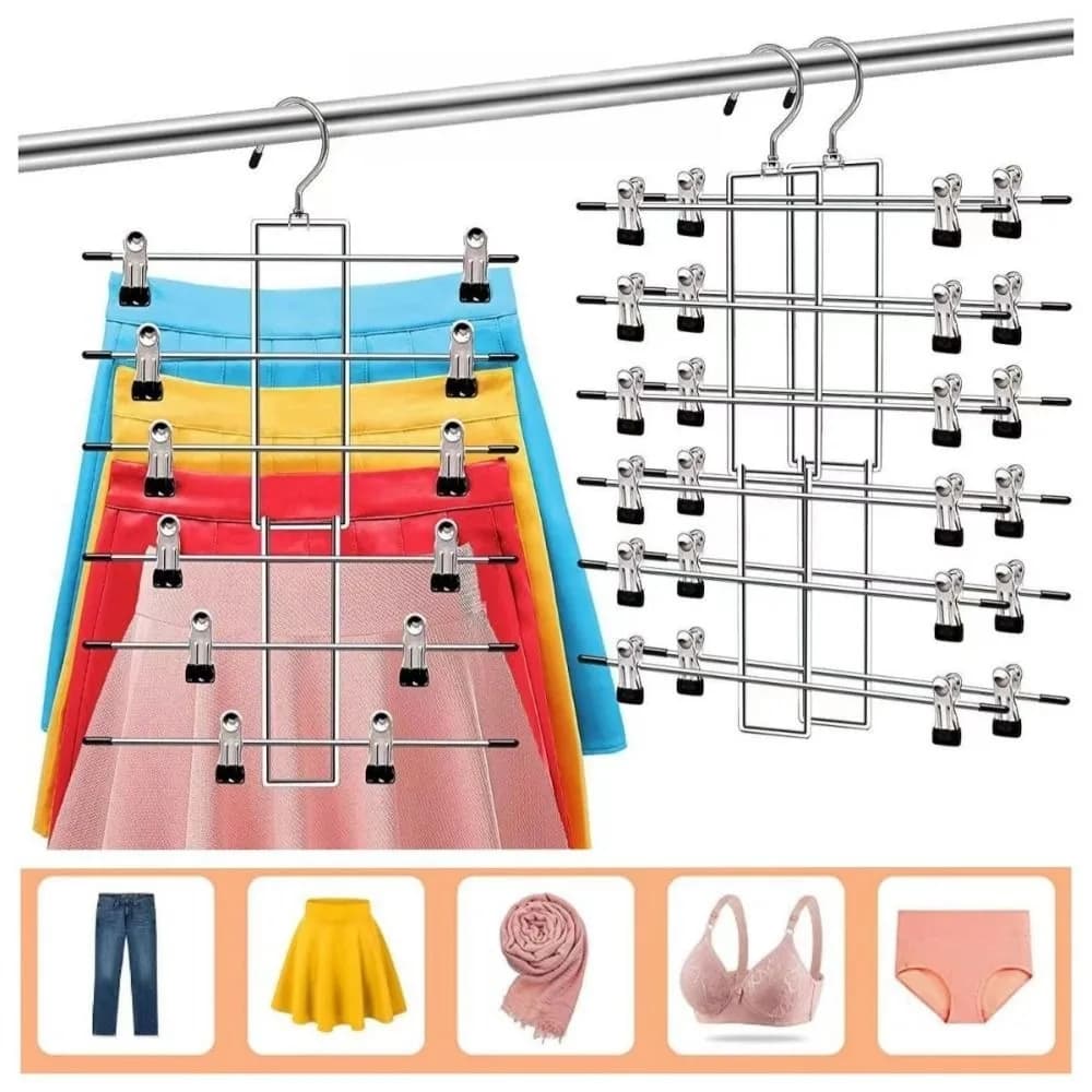 New 6 Layer Clothes Hangers Metal Non Slip Hanger Clips Space Saving Multifunctional Multilayer Skirt Trouser Hanger