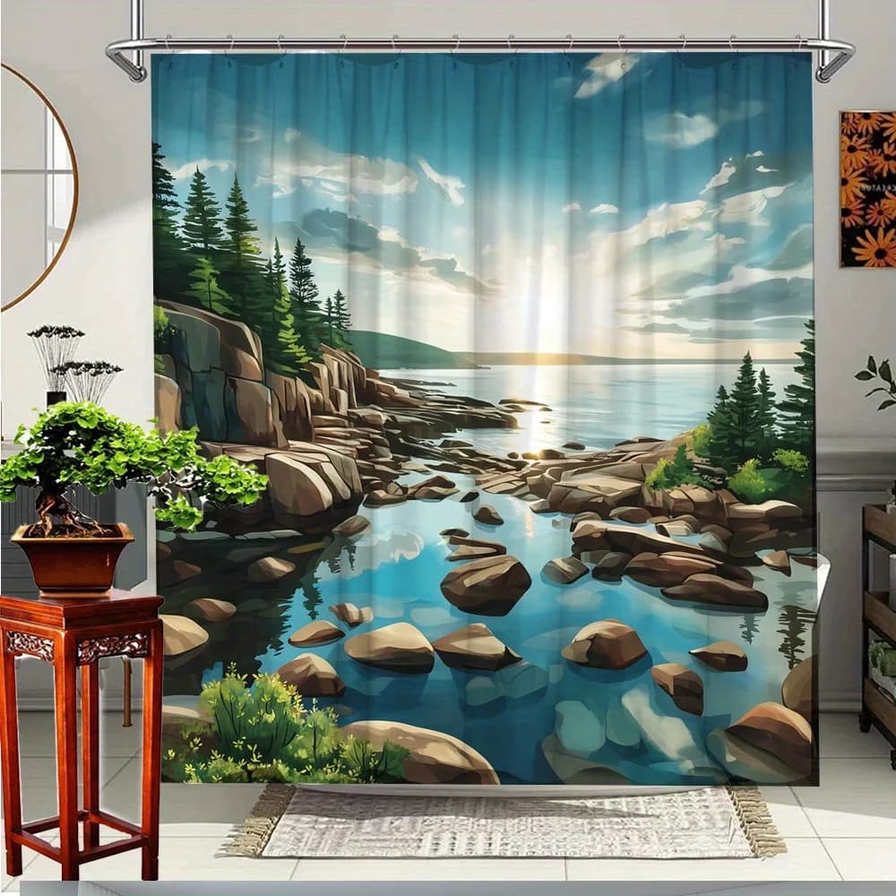 Tenda da doccia con paesaggio naturale, 70,8 x 70,8 pollici, vista costiera scenica, inclusa tende da doccia con montagne, pin e lago tranquilico