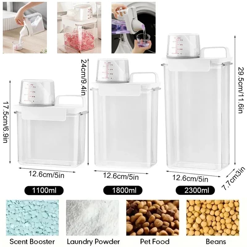 Dispenser di detersivo per bucato con misurino Contenitore di detersivo per sapone ricaricabile Coperchio Ammorbidente Candeggina in polvere Contenitore sigillato