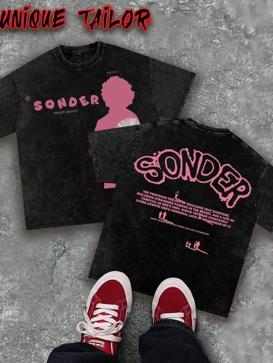 - (230g Pure Cotton) Men's Retro Pink Text 'SONDER' Figure Thinking Pattern Printed T-Shirt, Retro Style, Breathable Fabric, Y2K
