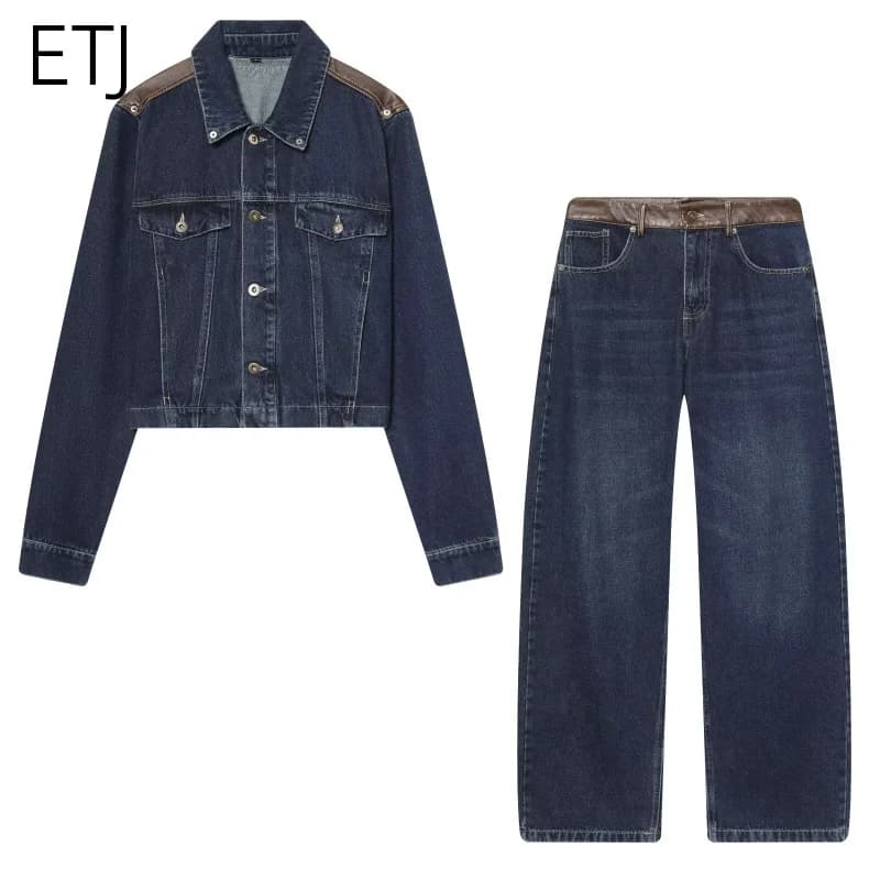 Completo Donna ETJ: Giacca in Denim e Jeans con Patch in Pelle, Pantaloni Oversize a Gamba Larga, Outfit Moda Due Pezzi 2026