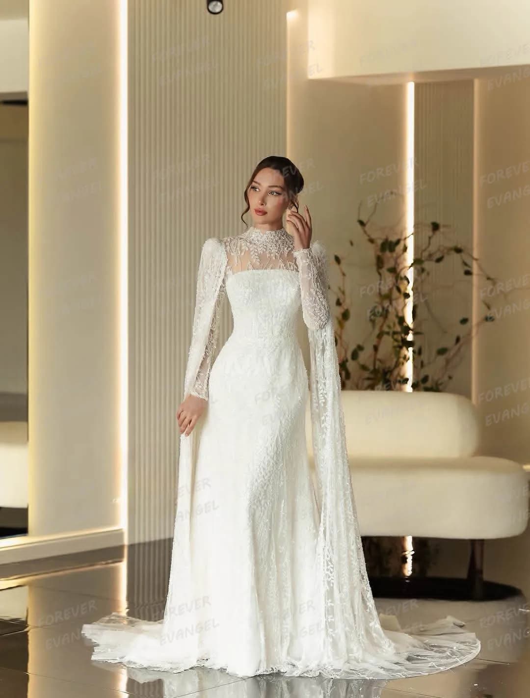 Shawl Lace Elegant Wedding Dresses Appliques Mermaid Woman Bride Gowns Customized High Neck Long Sleeve Formal Vestidos De Novia