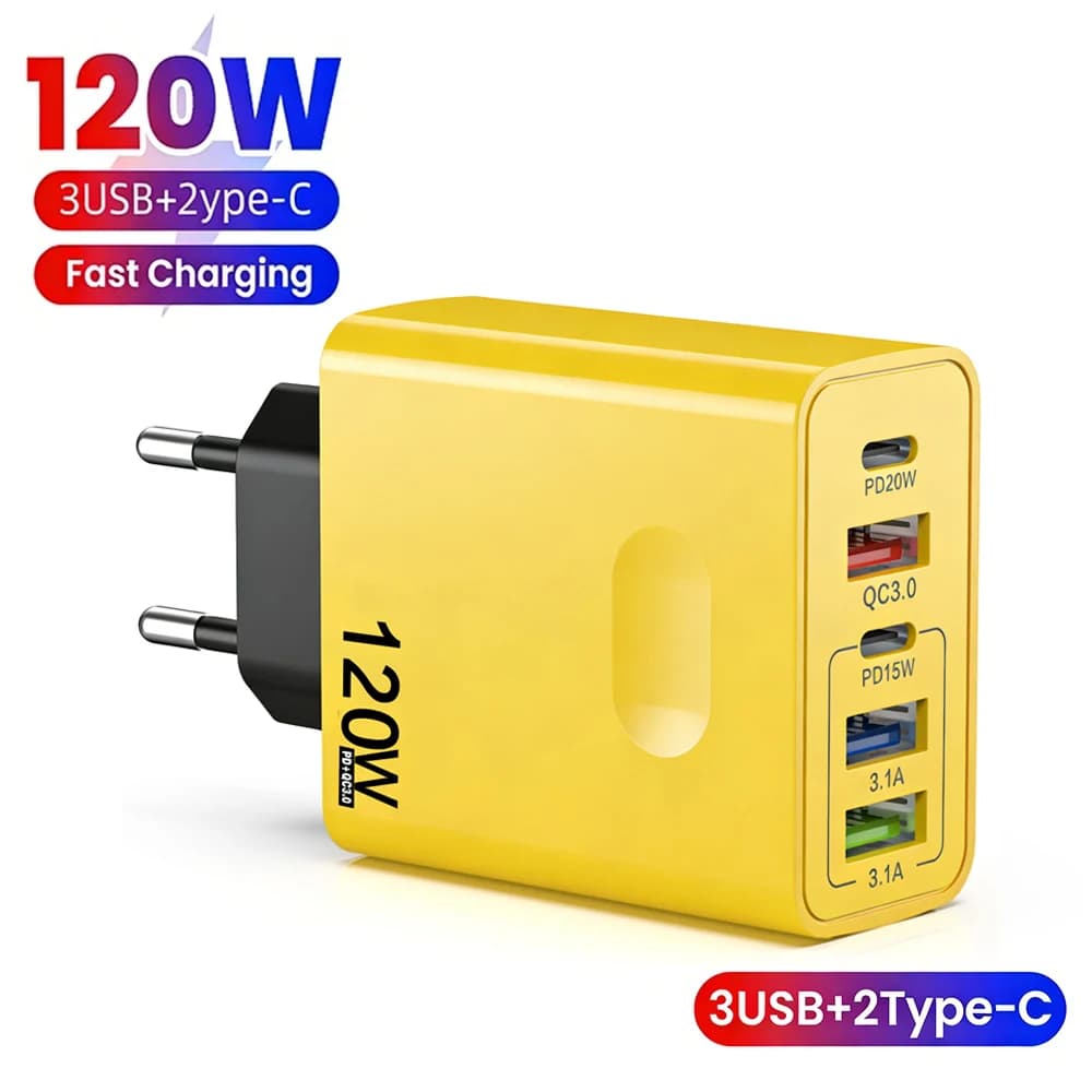 Caricatore USB 120W PD a ricarica rapida, adattatore di alimentazione per cellulare con spina EU/US/UK per iPhone Samsung Xiaomi, caricatore da parete a ricarica rapida.