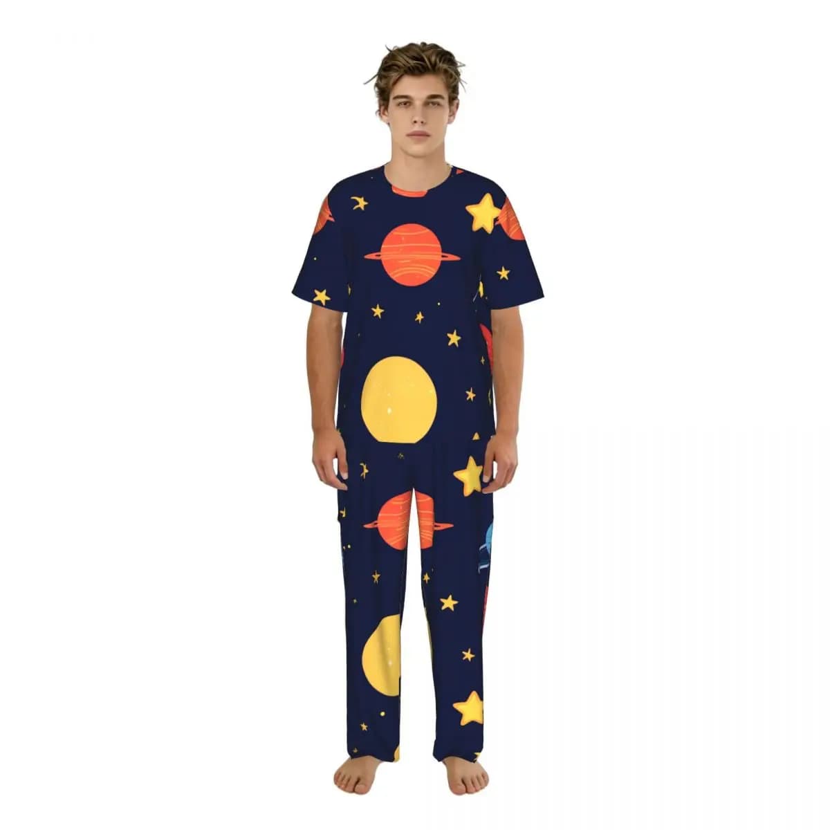 Pigiama da uomo estivo con top a maniche corte + pantaloni lunghi, abbigliamento da notte, abbigliamento per la casa, pigiama con stampa simpatica di pianeti e stelle