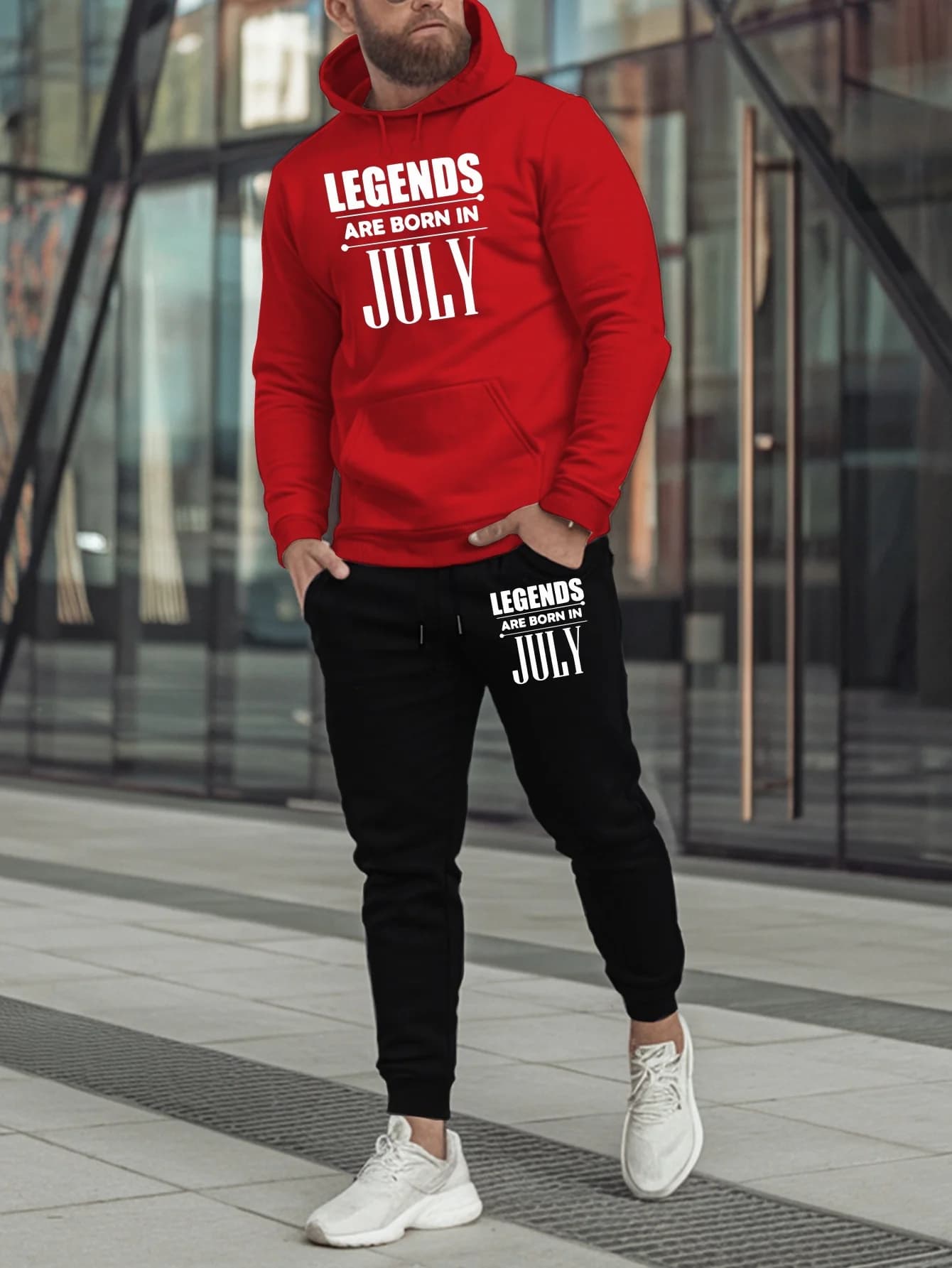Legends Are Born In July Men's Autumn‑Winter Hooded Set, Trendy Printed Drawstring Hoodie For Casual Sports Street Wear