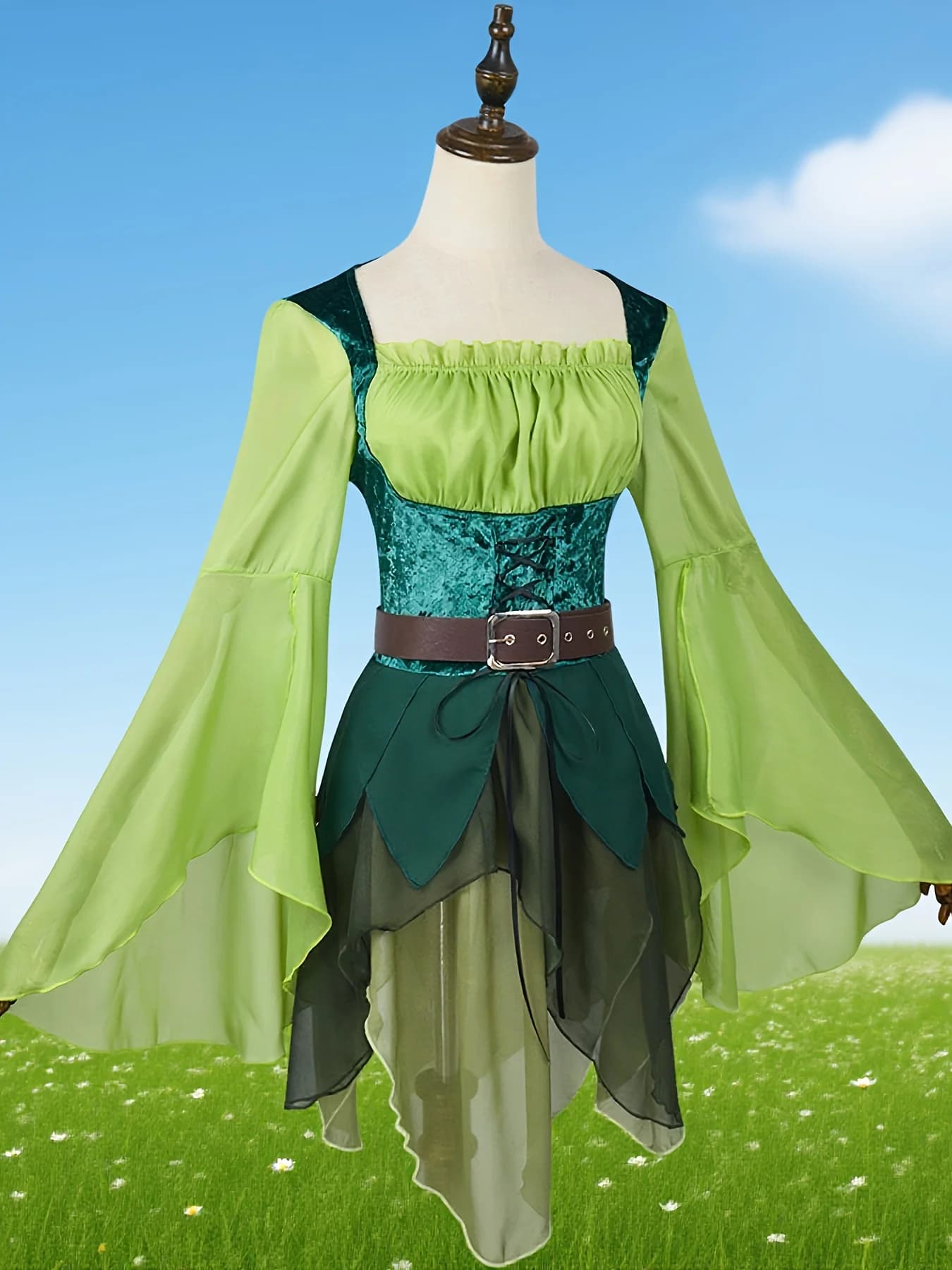 Abito cosplay da elfo magico verde medievale da donna con ali Costume da gioco di ruolo di Halloween