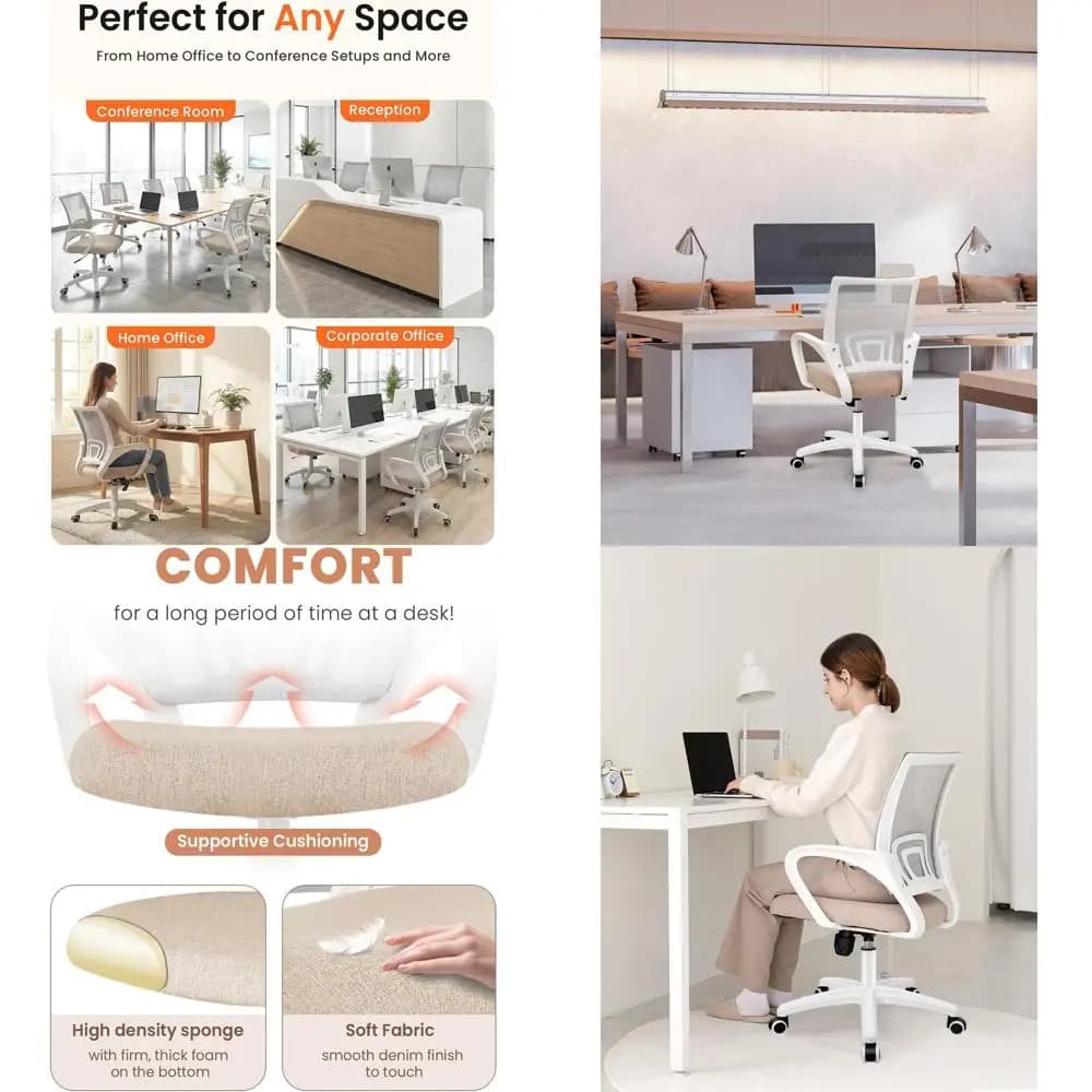 Sedia da Gaming Ergonomica in Rete con Altezza Regolabile, Supporto Lombare, Girevole per Casa e Ufficio (Beige)