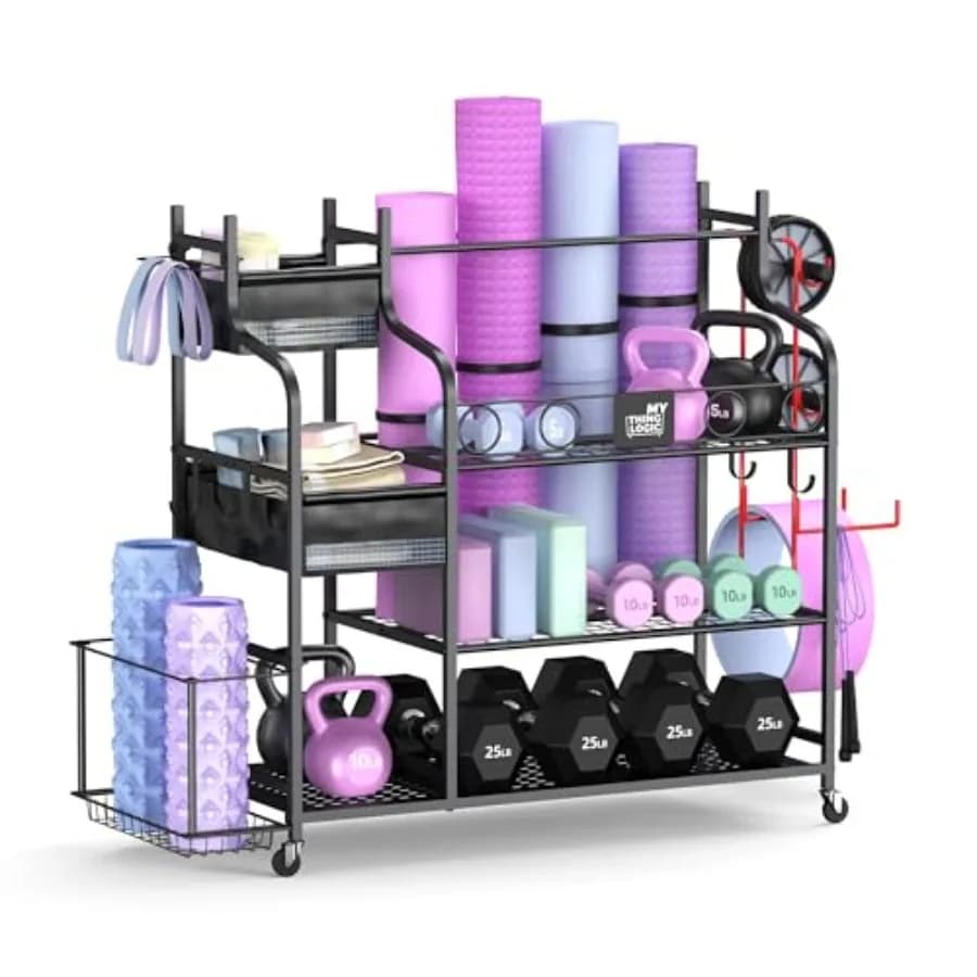 Home Gym Parts and Tools with Wheels and Hooks for Yoga Mats, Manubri, Kettlebell and Strength Training Tools