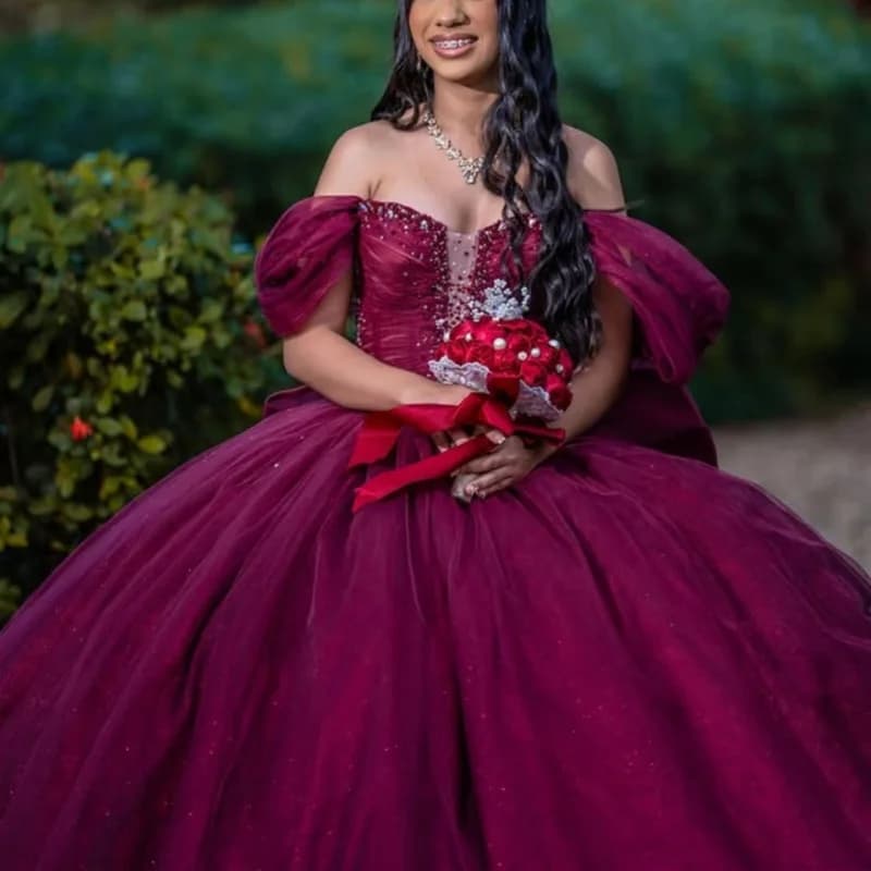 Dresses Quinceanera red wine customized with shoulders discoveries crystal applique with sequins Lace bow Long dress 15 Quinceanera
