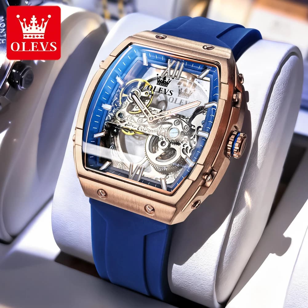 OLEVS 6779 Men's Automatic Watch Fashion, Transparent Dial, Tonneau Shape, Luminous, Waterproof, Watch of Trend