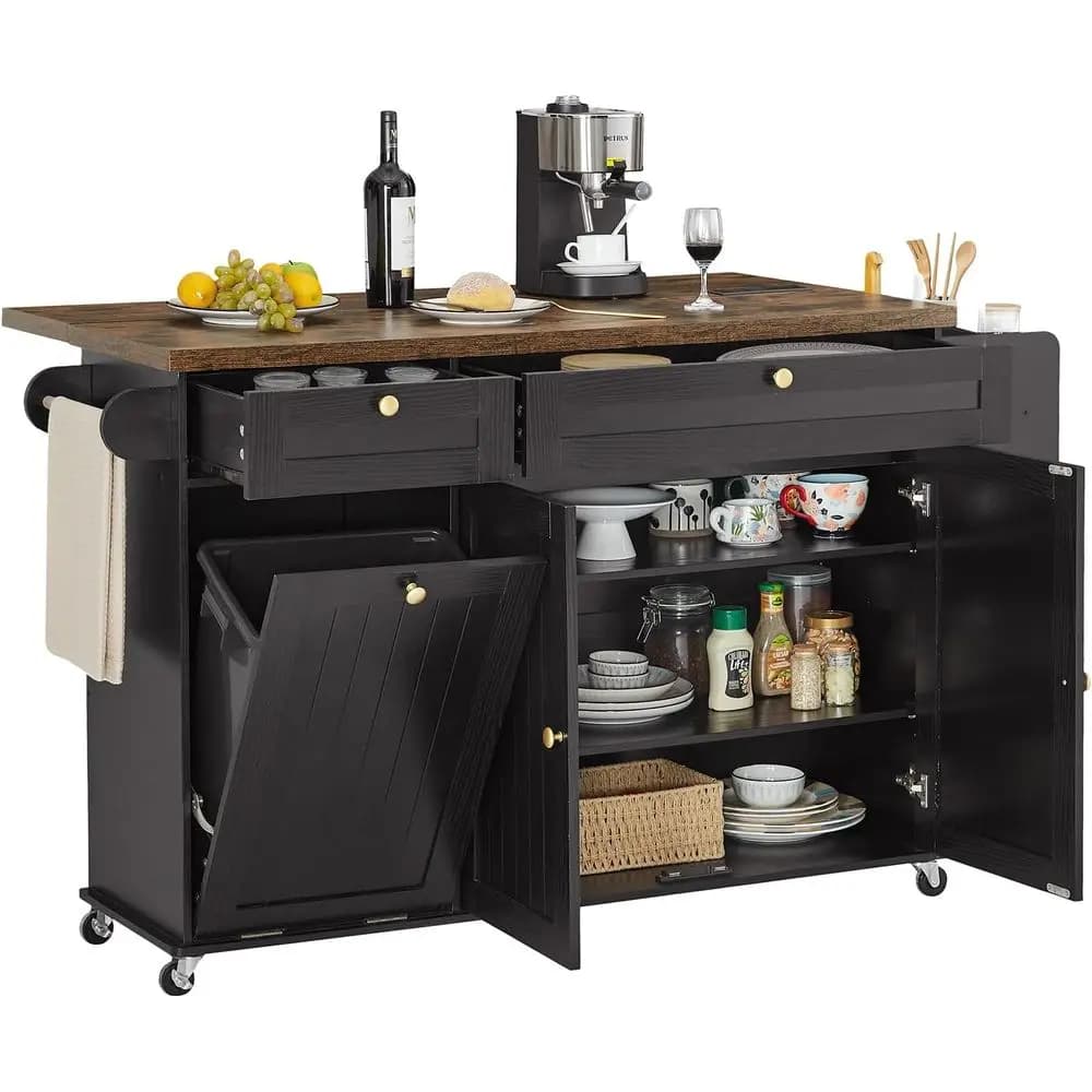 Isola da Cucina con Presa Elettrica, Ripiano Pieghevole, Porta Spezie, Portasciugamani e Contenitore per Rifiuti