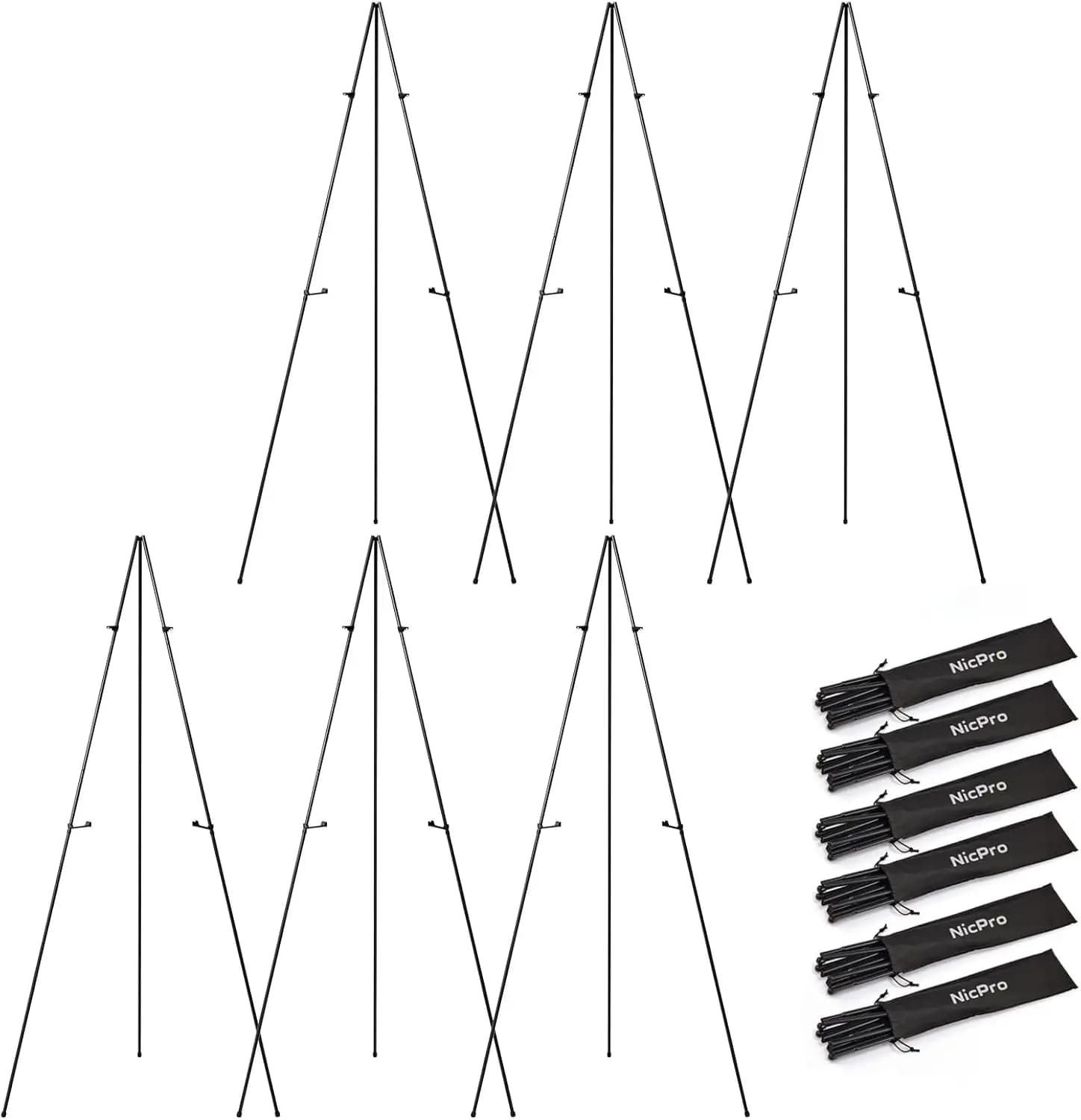6 Pack 63 Inch Metal Floor Easel Stand Bulk Tripod Black Collapsible for Sign Artist Poster Wedding with Carry Bag
