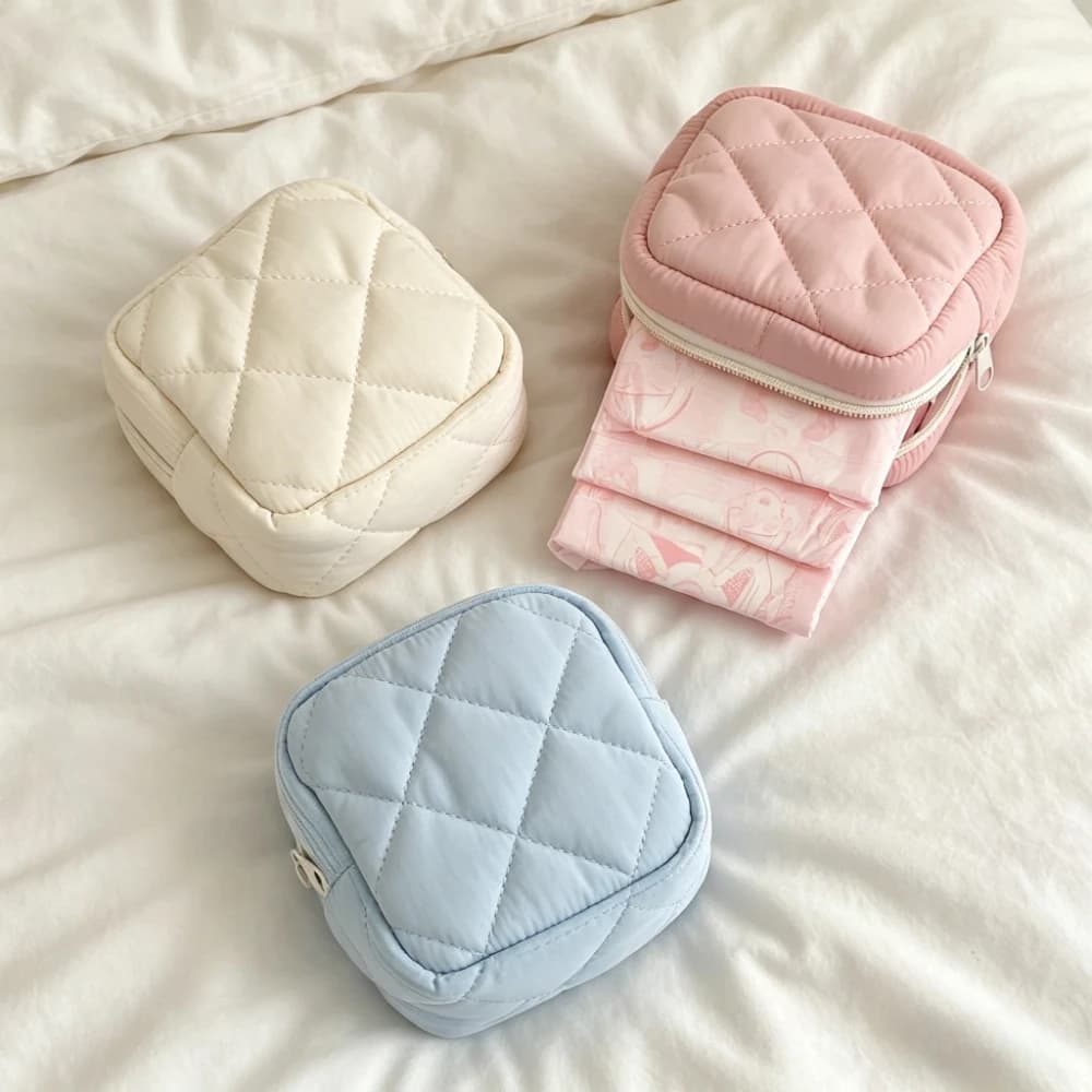 Graziosa Borsa Cosmetica Trapuntata in Corduroy, Portamonete, Astuccio per Rossetti e Trucchi con Cerniera, Organizer da Viaggio per Articoli da Toeletta da Donna