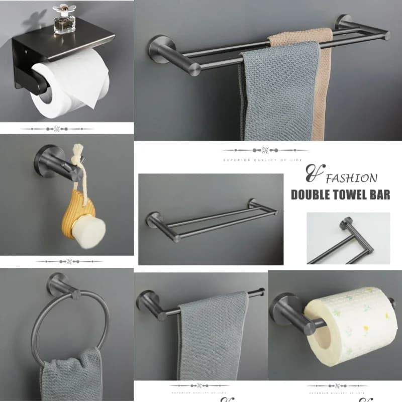 Bathroom Hardware Set Accessories Set Stainless Gray Round Wall Mount Hand Bar Toilet PaperHolder Bathrobe TowelHook ToiletBrush