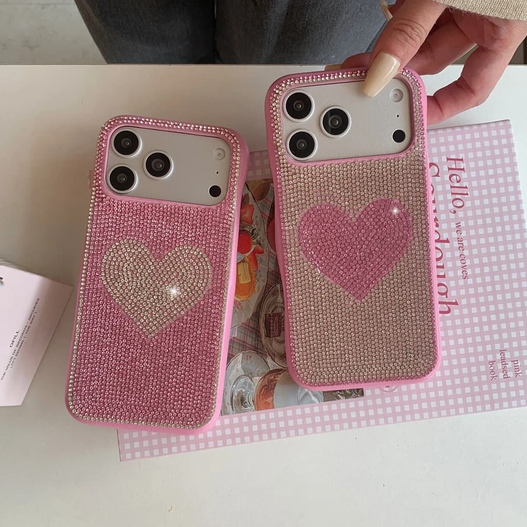 Custodia Protettiva Antiurto per iPhone 17 16 15 14 Pro Max con Decorazione a Cuore Stereoscopico in Strass alla Moda