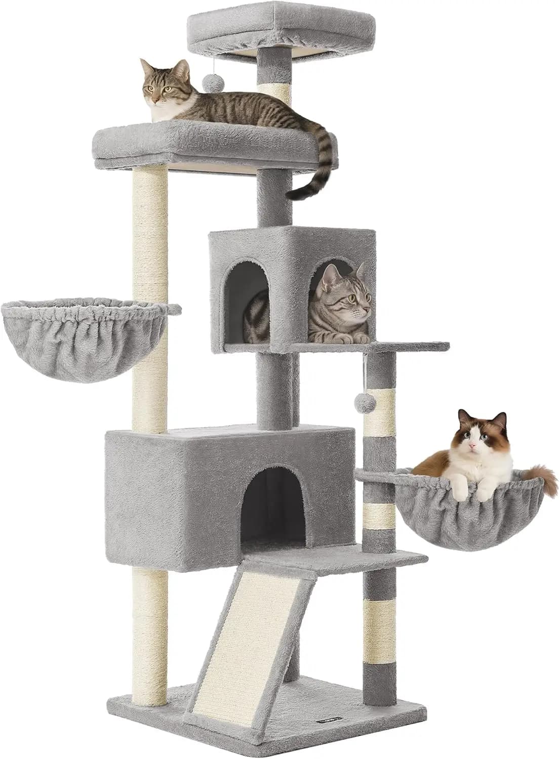 Torre per Gatti Alta 174 cm con Cuccia Multilivello in Peluche, Ampio Trespolo, Tiragraffi e Doppie Grotte in Grigio Tortora