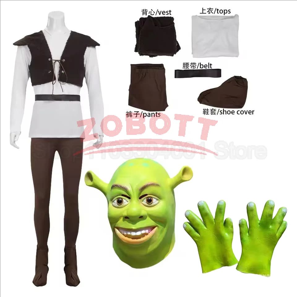 Costume cosplay di Shrek il mostro, costume cosplay di Shrek per Halloween, maschere in lattice di Shrek verde, guanti, accessori per cosplay del film