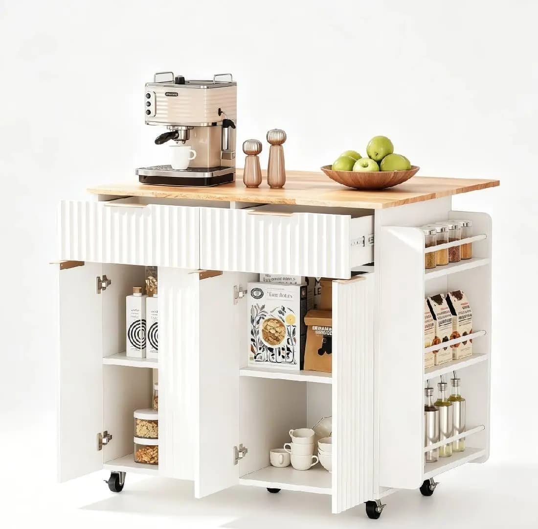 Fluted Kitchen Island With Storage Cabinet Rolling Kitchen Cart On Wheels Solid Rubber Wood Top Storage Drawers Adjustable Shelves Towel Bar Side Spice Rack For Dining Room White