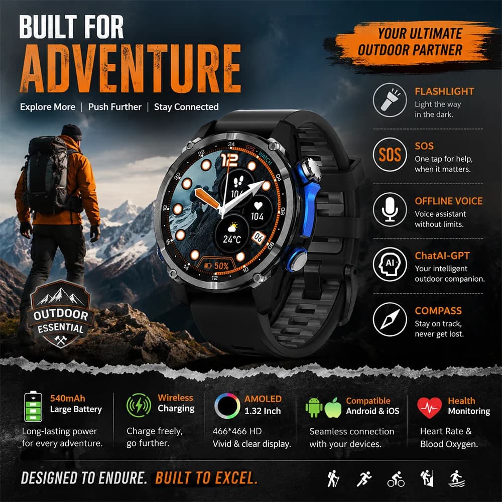 GPS Compass Altimeter HD Call 3ATM Waterproof Men Smart Watch 2026 HD350 Pro 1.32 Inch AMOLED Display Multiple Sport Modes