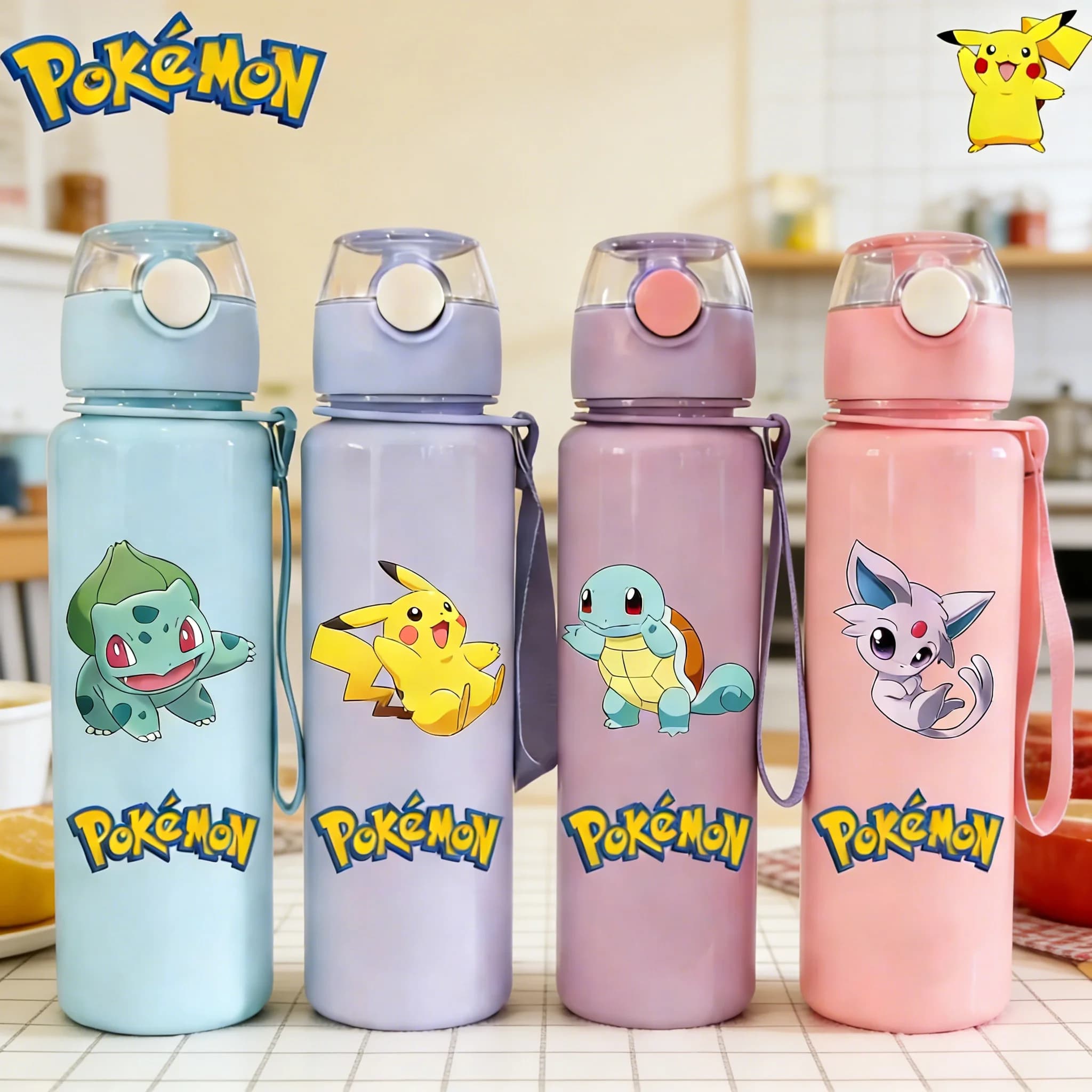 Pokemon Kawaii Water Bottle 750 ml for children, 304 stainless steel thermos, sports cup for girls and boys, school and office items, gift